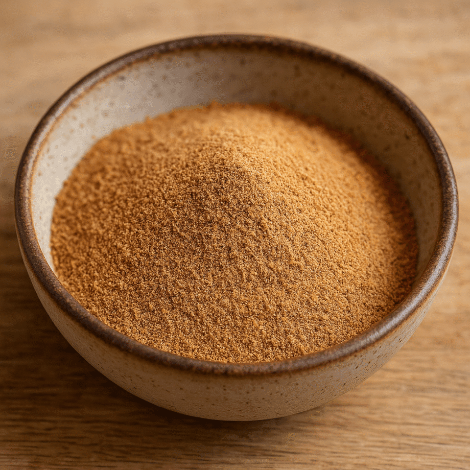 Bol en céramique rempli de poudre de sucre de coco sur une table en bois.