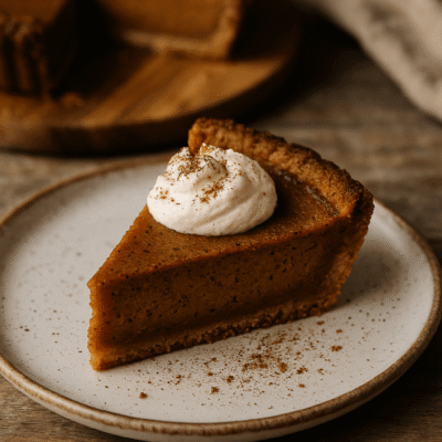 Part de tarte à la citrouille avec crème fouettée, servie sur assiette blanche, sur une table rustique.