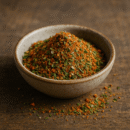 Assortiment d'épices colorées dans un bol en céramique sur une table en bois.