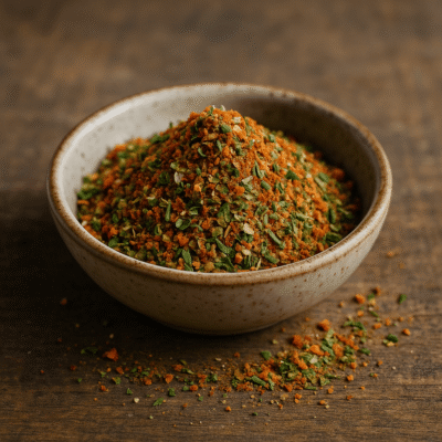 Assortiment d'épices colorées dans un bol en céramique sur une table en bois.