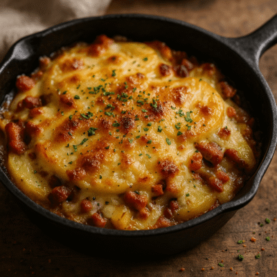 Plat de tartiflette savoyarde avec pommes de terre, lardons et fromage fondu dans une poêle en fonte.