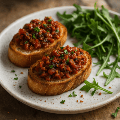 Bruschetta savoureuse avec garniture épicée et roquette fraîche sur une assiette blanche.
