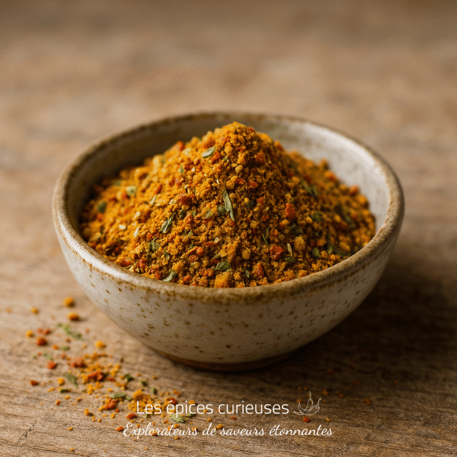 Bol de curry en poudre sur table en bois, épices colorées pour cuisine exotique.
