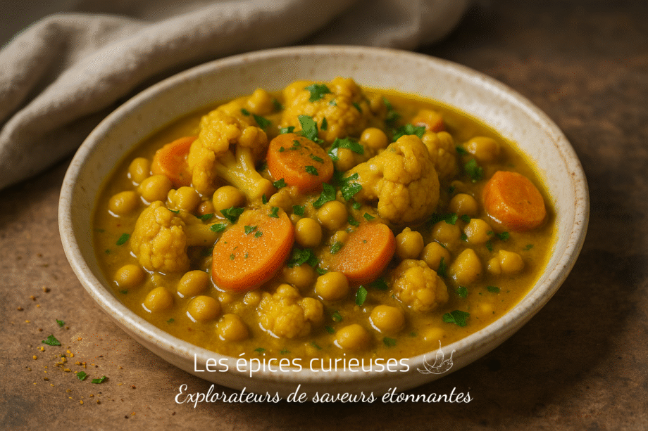 Curry de pois chiches et légumes avec curry, carottes et chou-fleur dans un bol en céramique. Repas végétalien savoureux.
