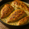 Poulet doré à la poêle dans une sauce crémeuse au beurre et aux herbes, prêt à être savouré.