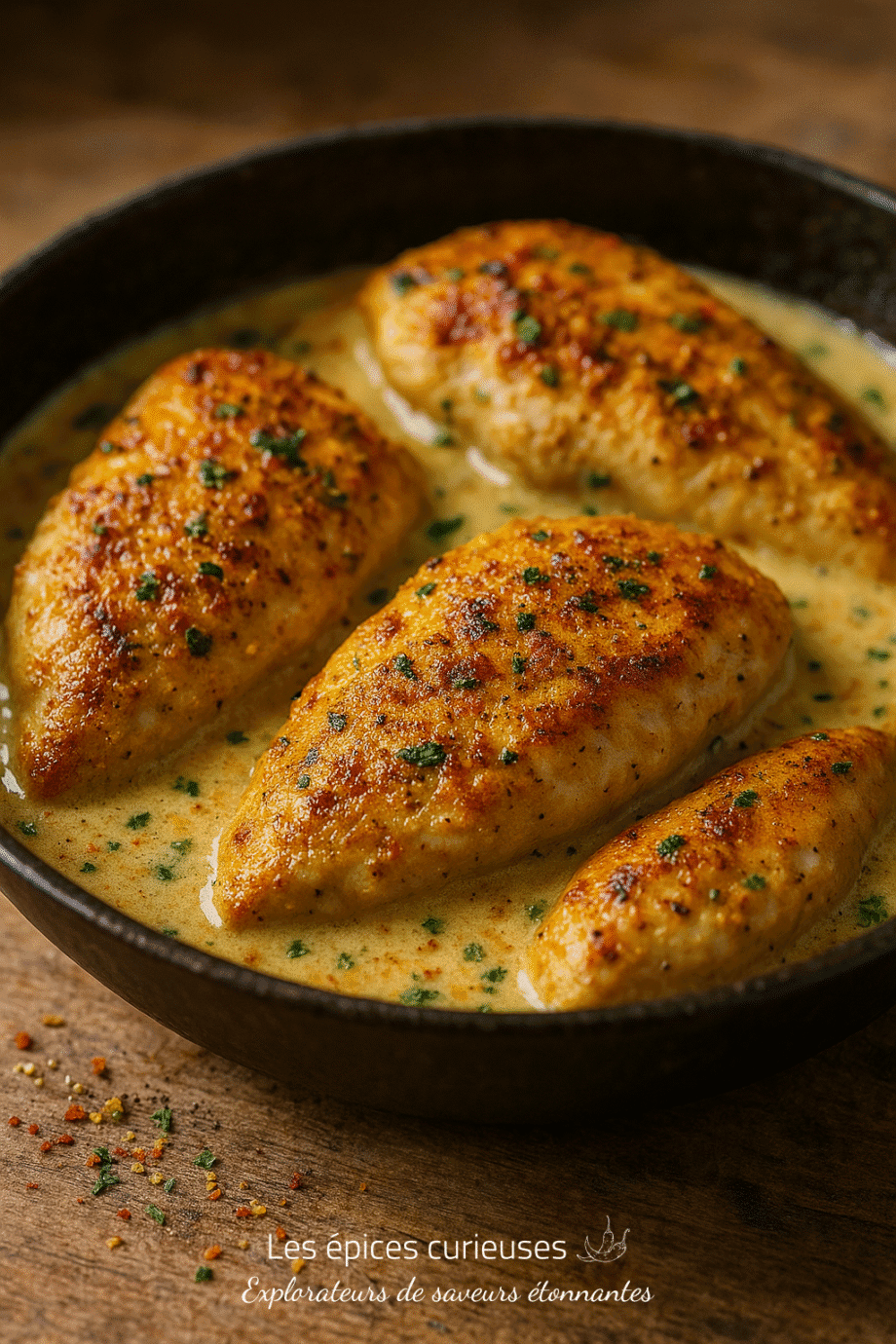 Poulet doré à la poêle dans une sauce crémeuse au beurre et aux herbes, prêt à être savouré.