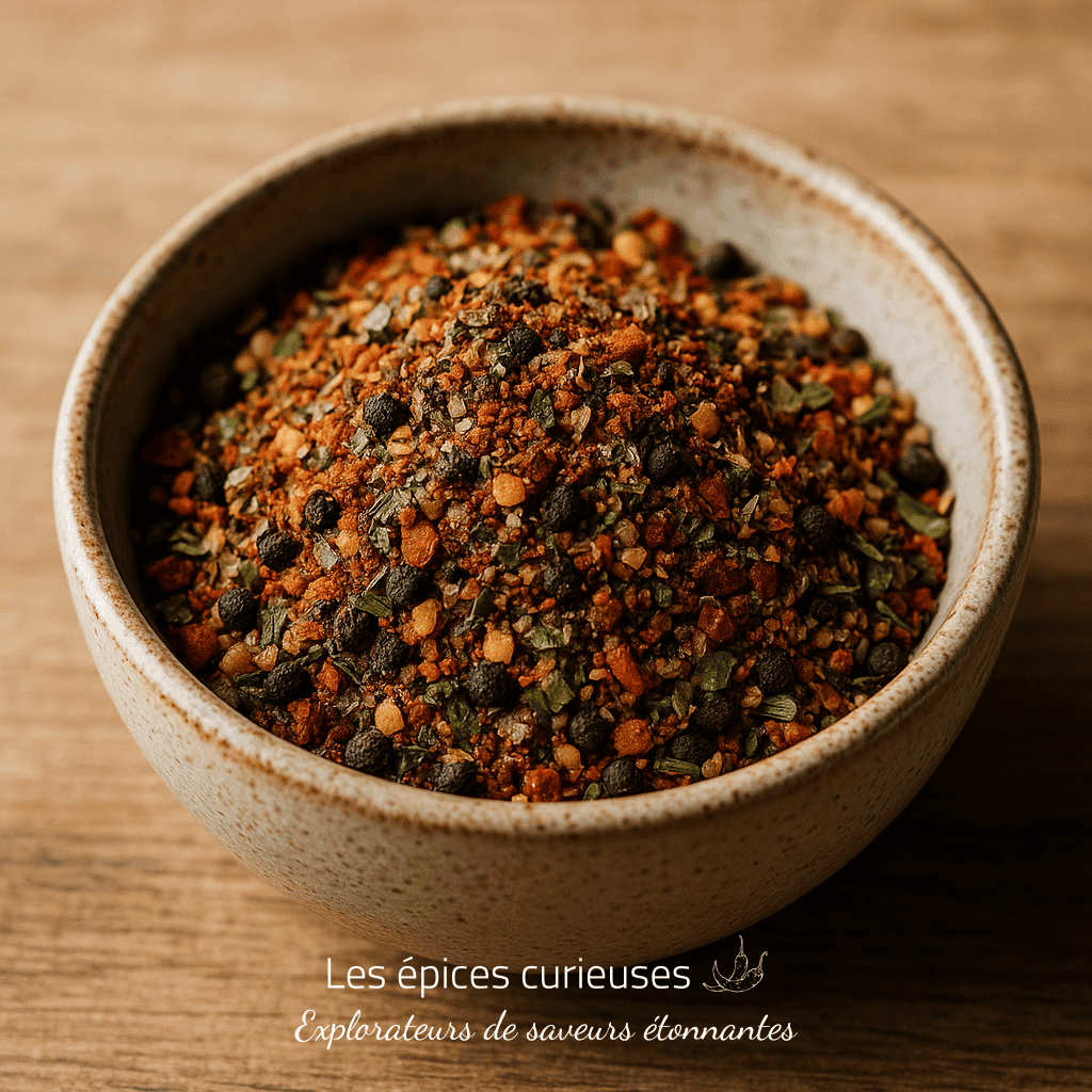 Bol de mélange d'épices colorées sur une table en bois, apportant saveur et arôme à vos plats préférés.