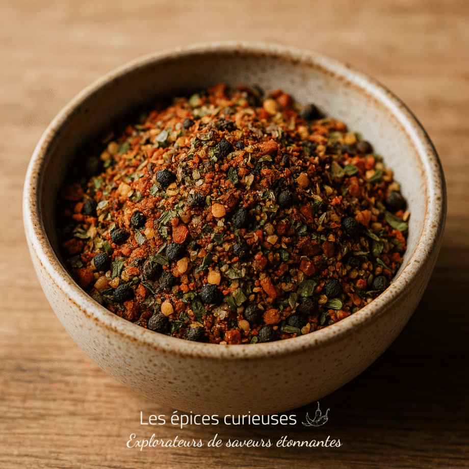 Bol de mélange d'épices colorées sur une table en bois, apportant saveur et arôme à vos plats préférés.