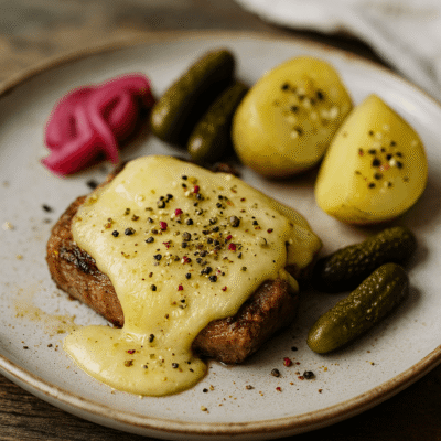 Plat de raclette avec fromage fondu sur viande, pommes de terre, cornichons et oignons marinés.