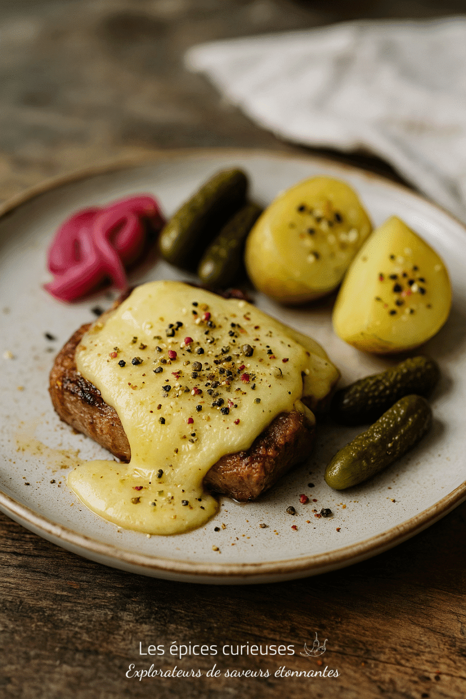 Plat de raclette avec fromage fondu sur viande, pommes de terre, cornichons et oignons marinés.