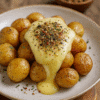 Pommes de terre rôties nappées de fromage fondu et assaisonnées d'herbes et d'épices, servies sur une assiette blanche.
