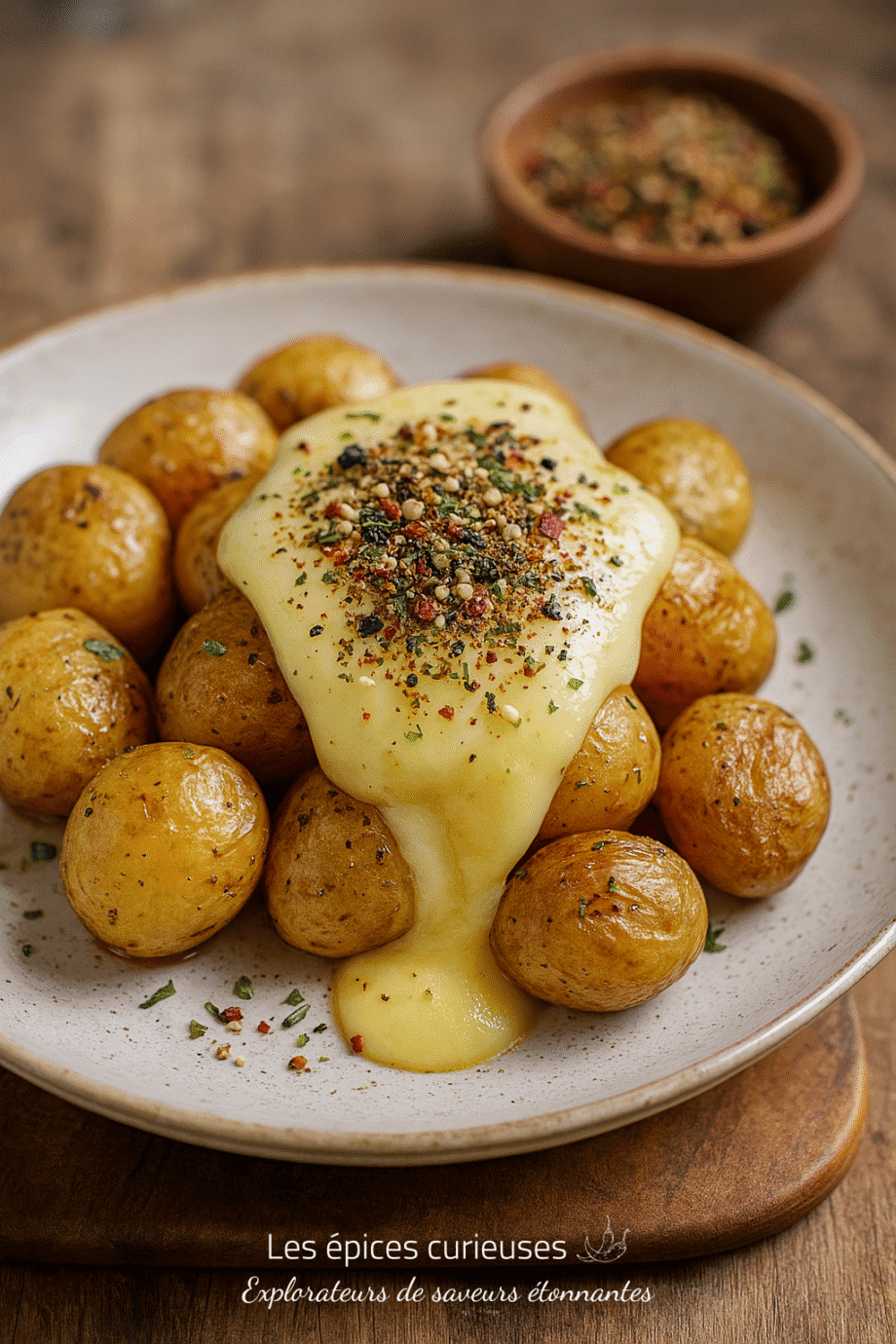 Pommes de terre rôties nappées de fromage fondu et assaisonnées d'herbes et d'épices, servies sur une assiette blanche.