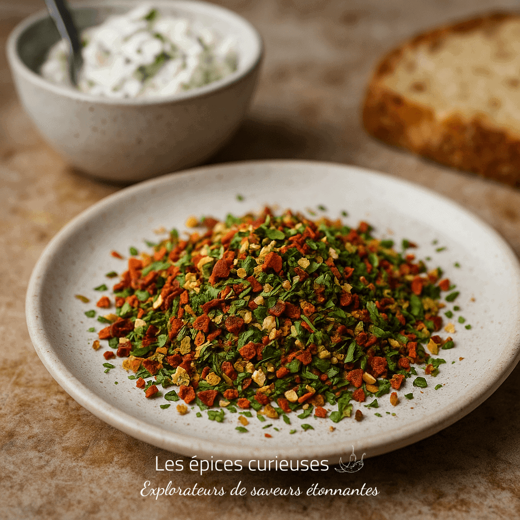 Assiette d'épices colorées accompagnée d'une sauce crémeuse dans un bol, posée sur une table avec une tranche de pain.