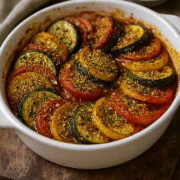 Plat de ratatouille coloré au four, composé de tomates et courgettes, saupoudré d'herbes et d'épices dans un plat blanc.