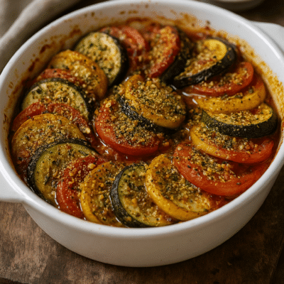 Plat de ratatouille coloré au four, composé de tomates et courgettes, saupoudré d'herbes et d'épices dans un plat blanc.