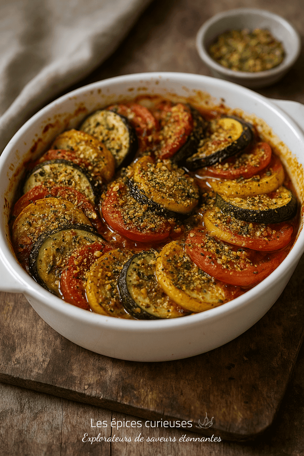 Plat de ratatouille coloré au four, composé de tomates et courgettes, saupoudré d'herbes et d'épices dans un plat blanc.