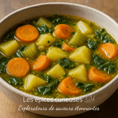 Bol de soupe aux légumes frais avec carottes, pommes de terre et épinards, présenté sur une table en bois.