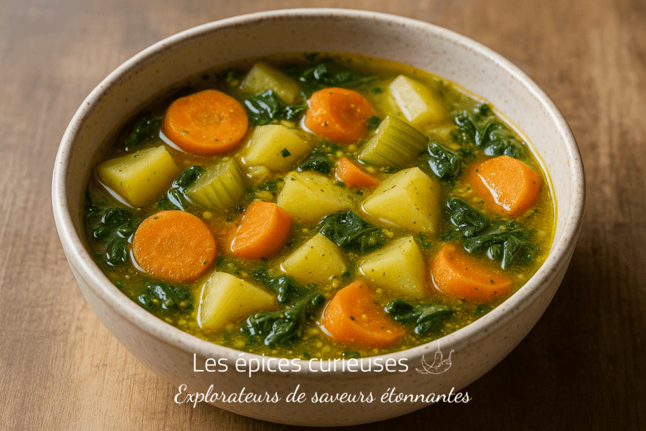 Bol de soupe aux légumes frais avec carottes, pommes de terre et épinards, présenté sur une table en bois.
