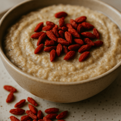 Bol de porridge crémeux garni de baies de goji rouges sur une assiette en céramique rustique.