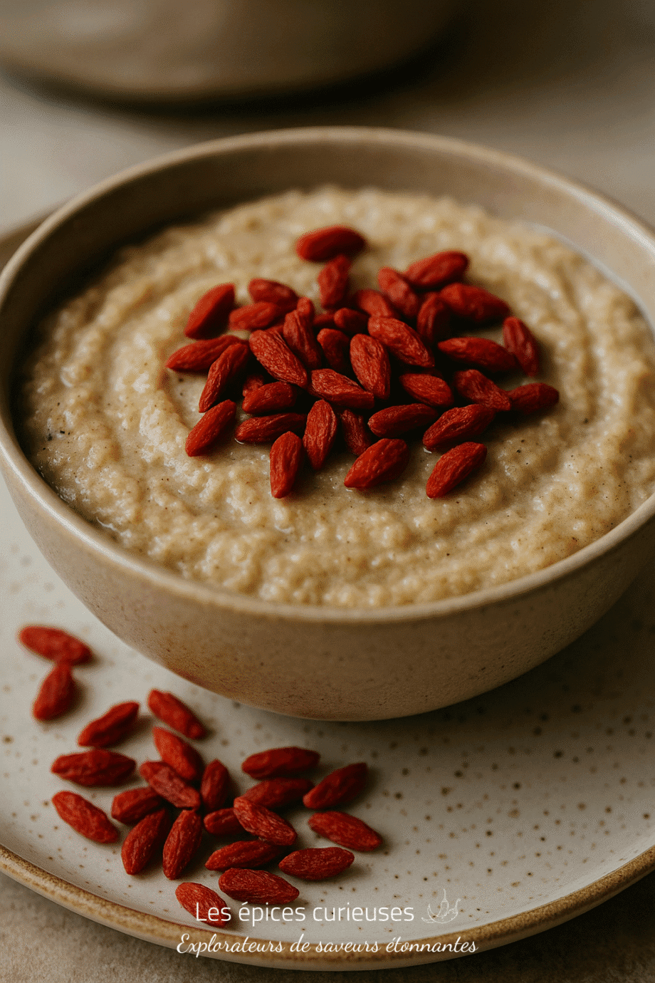Bol de porridge crémeux garni de baies de goji rouges sur une assiette en céramique rustique.