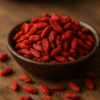 Bol de baies de goji rouges sur une table en bois, mise en avant de leurs bienfaits santé et propriétés antioxydantes.