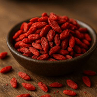 Bol de baies de goji rouges sur une table en bois, mise en avant de leurs bienfaits santé et propriétés antioxydantes.