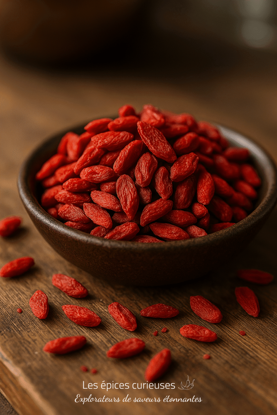 Bol de baies de goji rouges sur une table en bois, mise en avant de leurs bienfaits santé et propriétés antioxydantes.