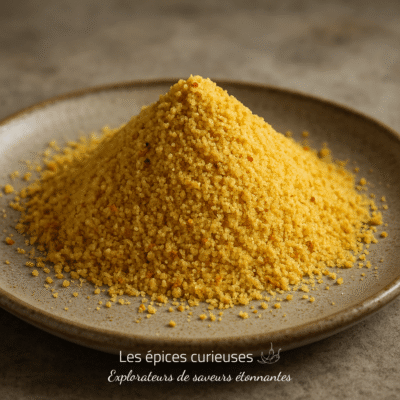 Assiette de semoule de couscous dorée en pile, prête pour une cuisine savoureuse et exotique.