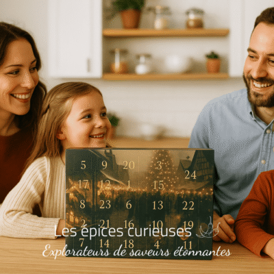Famille souriante autour d’un calendrier de l’Avent sur une table en bois. Atmosphère chaleureuse et festive.
