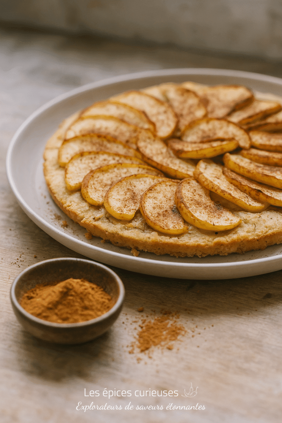 Tarte aux pommes maison avec des tranches saupoudrées de cannelle, accompagnée d'un bol de cannelle en poudre.