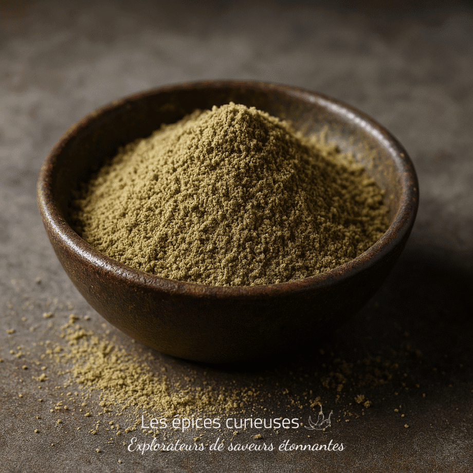 Bol en céramique rempli de poudre de thé matcha sur une table en bois sombre.