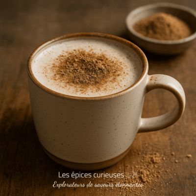 Tasse de cappuccino saupoudrée de cannelle sur une table en bois rustique, ambiance chaleureuse et réconfortante.