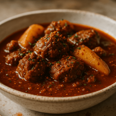 Bol de ragoût savoureux avec boulettes de viande et pommes de terre, parsemé de persil frais.