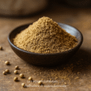 Bol de coriandre moulue sur une table en bois, accompagné de grains entiers.