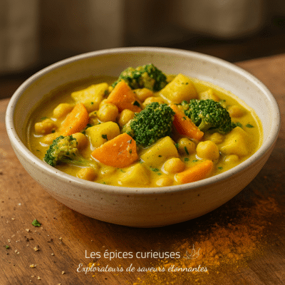 Bol de curry végétarien coloré avec carottes, brocoli et pois chiches, présenté sur une table en bois.