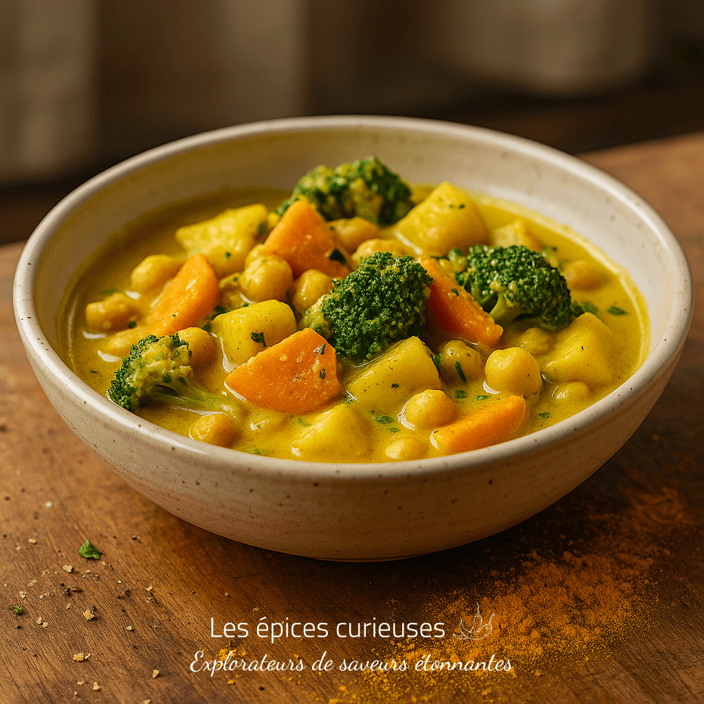 Bol de curry végétarien coloré avec carottes, brocoli et pois chiches, présenté sur une table en bois.