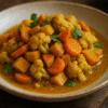 Curry de légumes à base de chou-fleur, carottes et patates douces, servi dans un bol en céramique sur une table en bois.