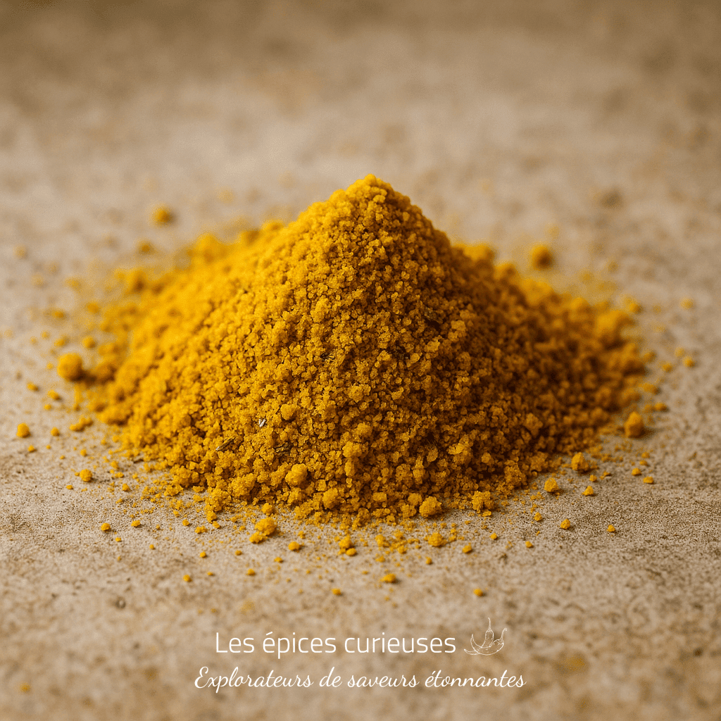 Tas de curcuma en poudre sur une surface en bois, épice utilisée pour ses bienfaits et ses saveurs culinaires.