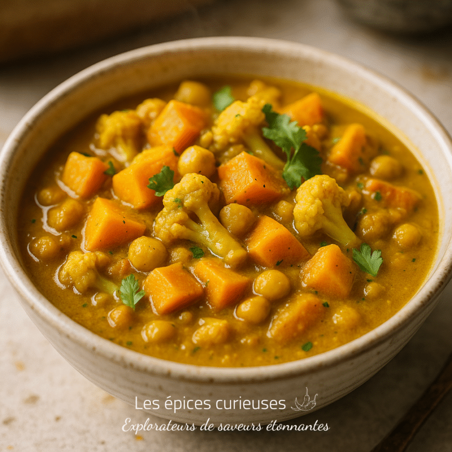 Bol de curry de légumes avec pois chiches, patates douces et chou-fleur, garni de coriandre fraîche.