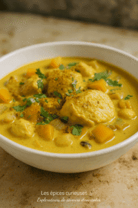 Bol de curry au poulet crémeux avec morceaux de butternut et coriandre, sur table en bois. Plat réconfortant et épicé.