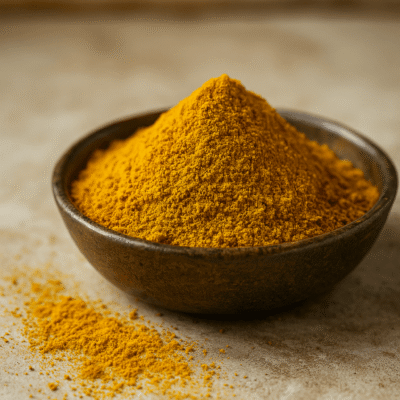 Bol de poudre de curcuma vibrant sur fond beige, épice naturelle et colorée pour cuisine et bien-être.