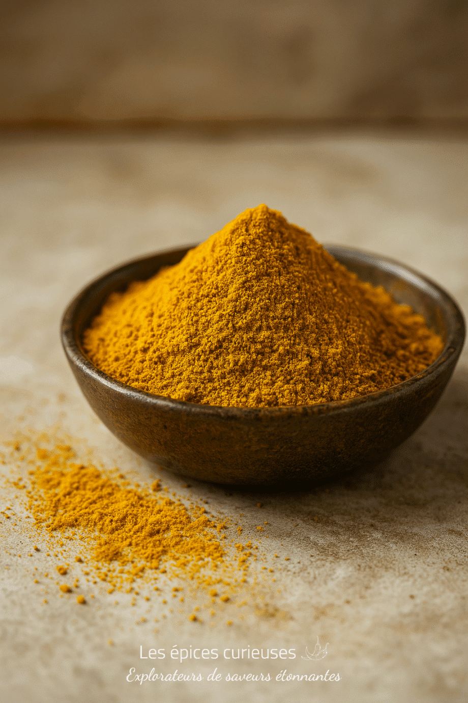 Bol de poudre de curcuma vibrant sur fond beige, épice naturelle et colorée pour cuisine et bien-être.