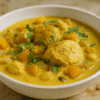 Bol de curry au poulet crémeux avec morceaux de butternut et coriandre, sur table en bois. Plat réconfortant et épicé.