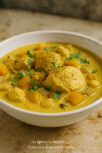 Bol de curry au poulet crémeux avec morceaux de butternut et coriandre, sur table en bois. Plat réconfortant et épicé.