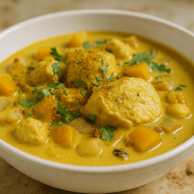 Bol de curry au poulet crémeux avec morceaux de butternut et coriandre, sur table en bois. Plat réconfortant et épicé.