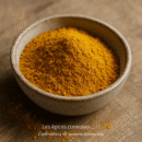 Bol de poudre de curcuma sur table en bois, épice jaune vibrante utilisée en cuisine pour sa saveur et ses bienfaits.