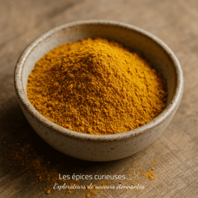 Bol de poudre de curcuma sur table en bois, épice jaune vibrante utilisée en cuisine pour sa saveur et ses bienfaits.