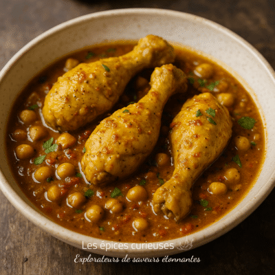 Poulet aux épices et pois chiches en sauce, servi dans un bol en céramique, sur une table en bois.