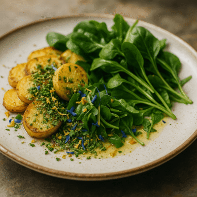 Assiette de pommes de terre rôties au beurre persillé avec salade de roquette, garnie d'herbes fraîches et fleurs comestibles.