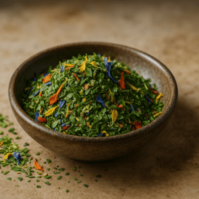 Bol de mélanges d'herbes séchées aux fleurs colorées sur une surface en bois.